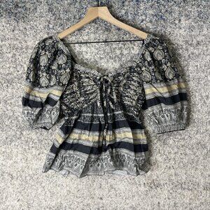 Sea New‎ York Shirt Womens XS Black Gray Boho Smocked Puff Sleeve Peasant Peplum